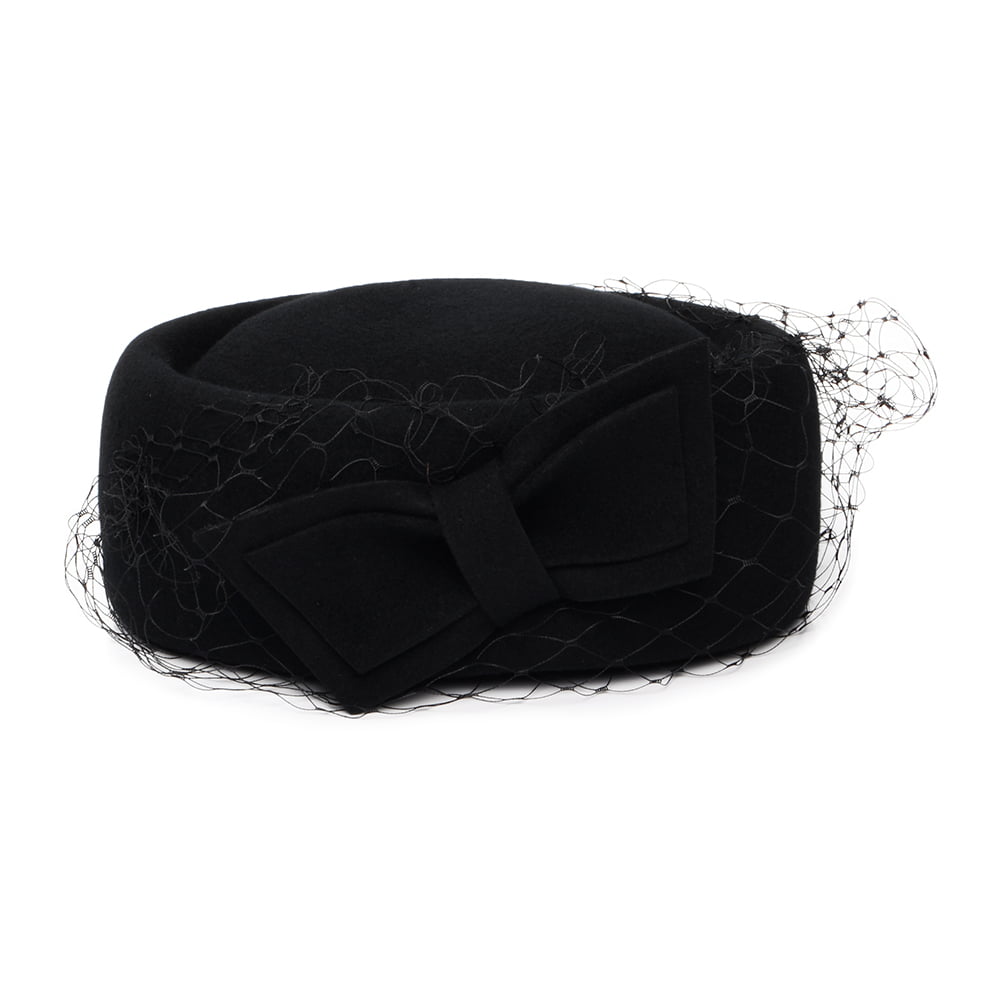 Whiteley Carrie Pillbox Hut aus Wolle mit Schleier - Schwarz