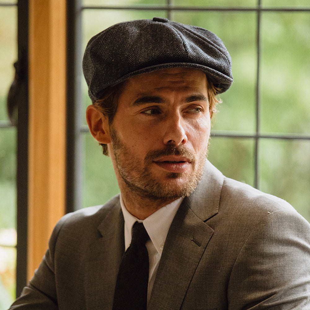 Christys Country Tweed Tweed Ballonmütze mit Fischgrätmuster - Anthrazit