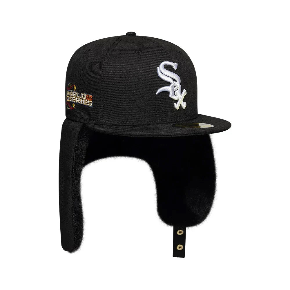 New Era 59FIFTY Chicago White Sox Baseball Cap mit Ohrenklappen - MLB World Series Dogear - Schwarz-Weiß