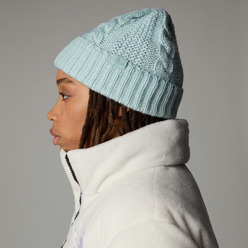 The North Face Damen Oh Mega Cuffed Beanie Mütze mit Zopfstrickmuster - Eisblau