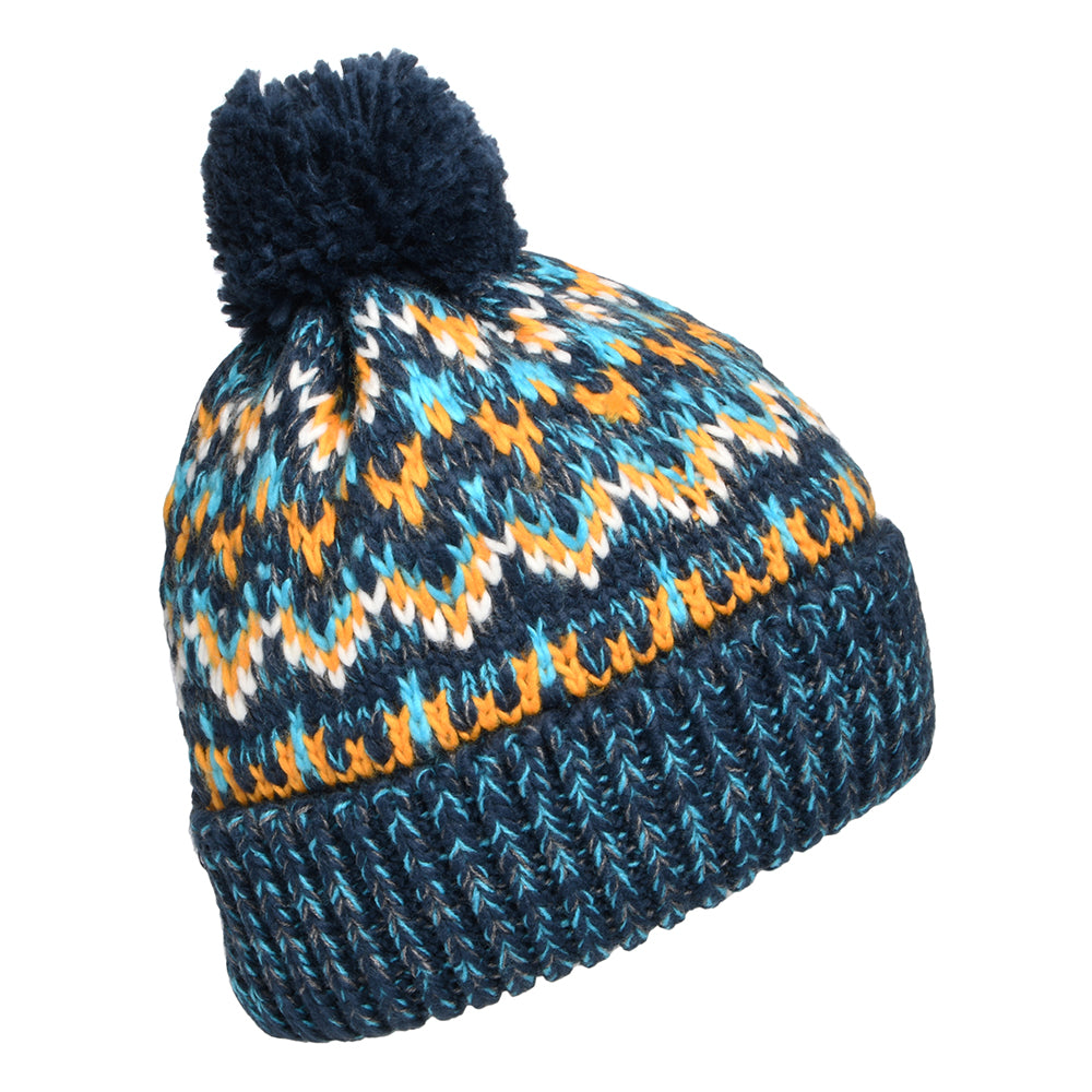 Failsworth Arctic Bommelmütze Fair Isle - Marineblau-Blau-Gelb