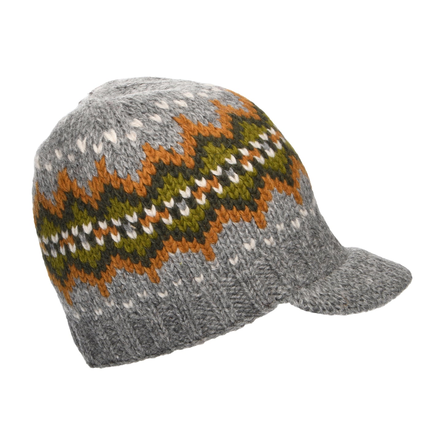 Kusan Brooklyn Beanie Mütze mit Visier Fair Isle - Grau-Olivgrün