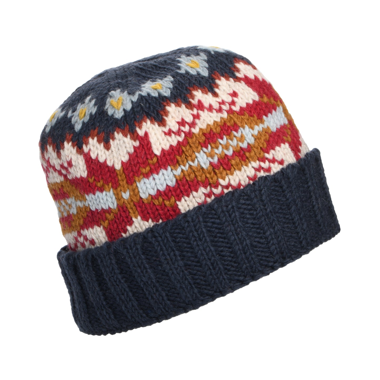 Kusan Schneeflocke Turn Up Beanie Mütze - Blau-Senfgelb