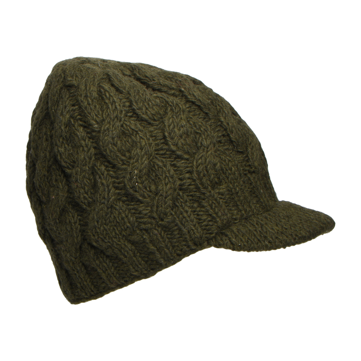 Kusan Beanie Mütze mit Visier im Zopfstrickmuster - Olivgrün