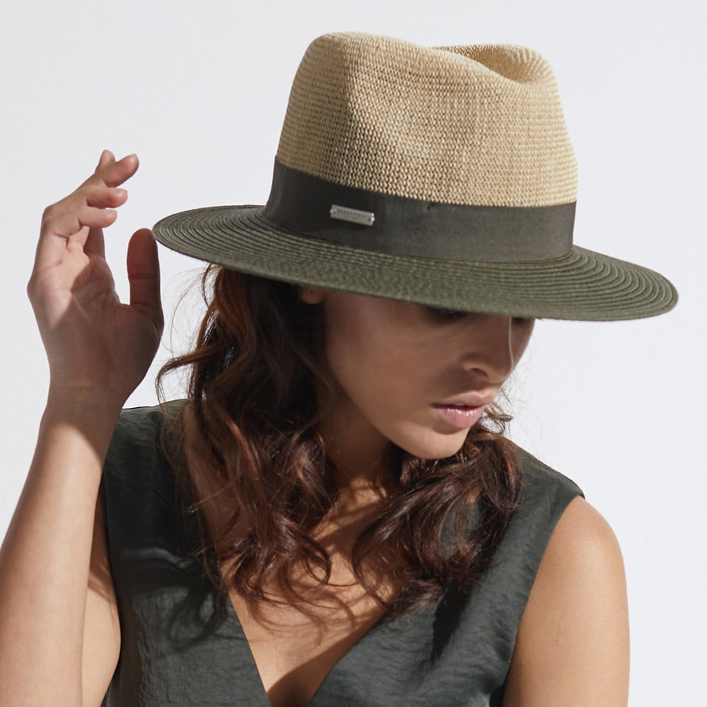 Seeberger Two Tone Fedora Hut aus Toyo Stroh - Natur-Olivgrün