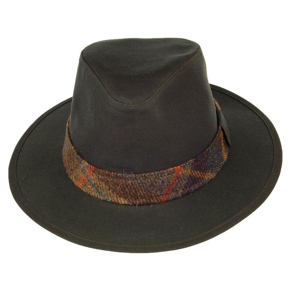 Failsworth Drifter Fedora Hut mit Karo-Zierstreifen aus gewachster Baumwolle - Olivgrün