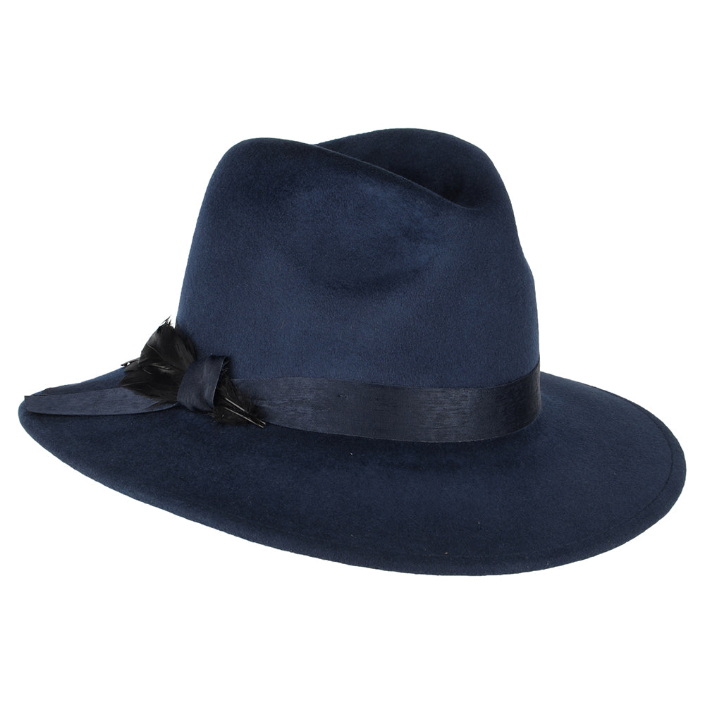 Failsworth Wasserabweisender Fedora Hut aus Wollfilz mit Feder - Marineblau