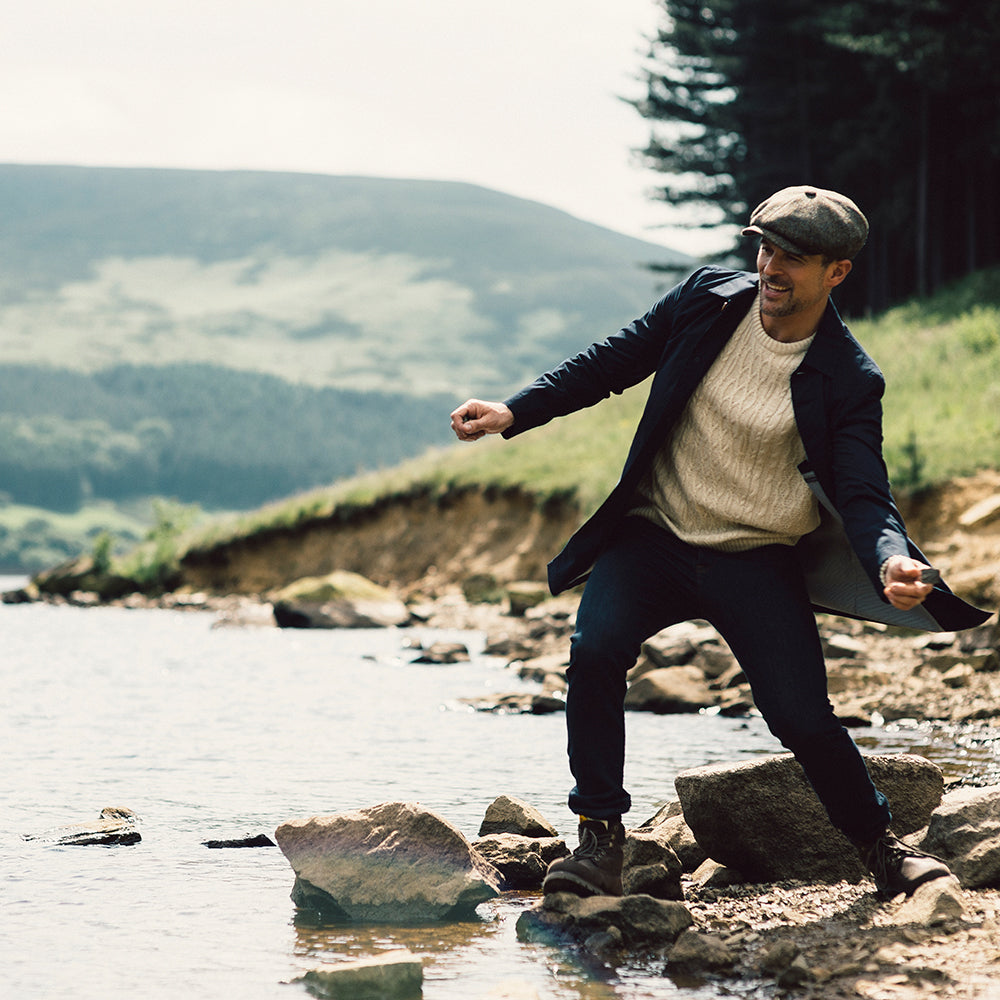 Failsworth Carloway HARRIS TWEED Ballonmütze mit Fischgrätmuster - Olivgrün-Blau