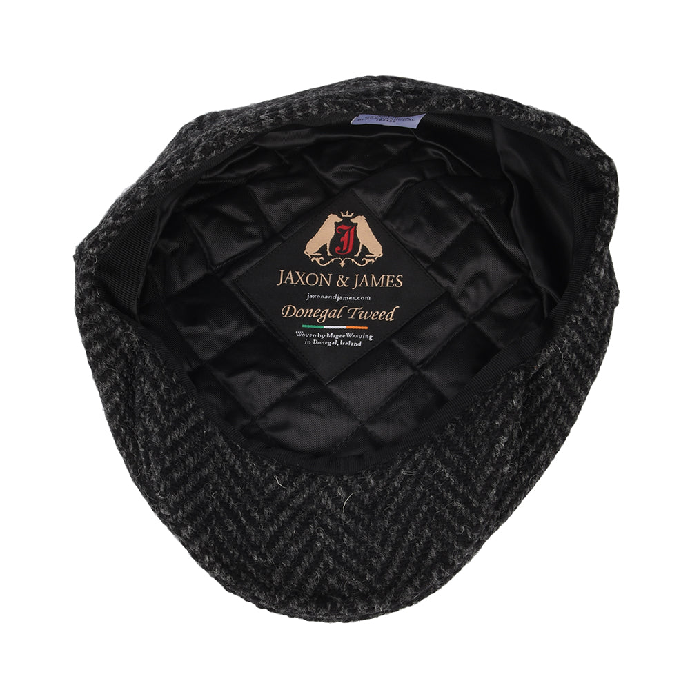 Jaxon & James Drumbarron Heavyweight Donegal Tweed Schiebermütze mit Fischgrätmuster - Schwarz-Anthrazit