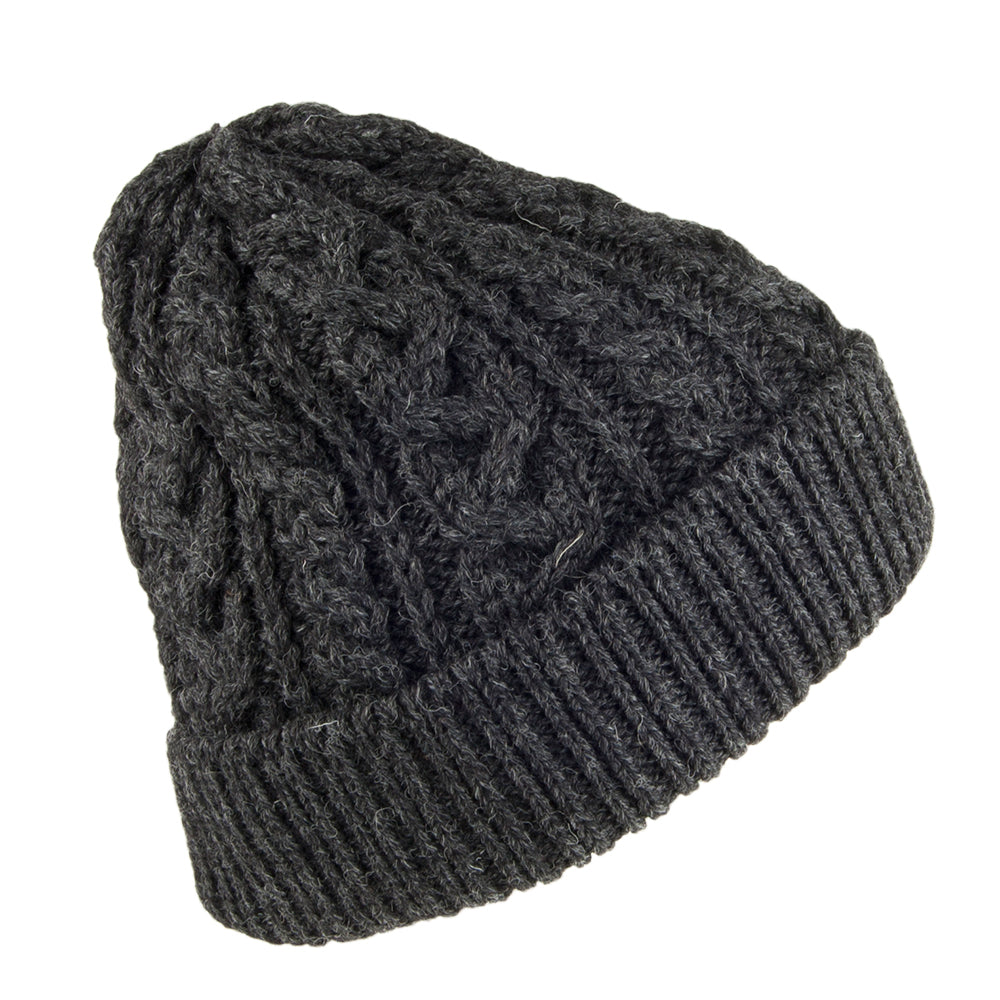 Highland 2000 Cuffed Beanie Mütze mit Zopfstrickmuster aus Englischer Wolle - Anthrazit