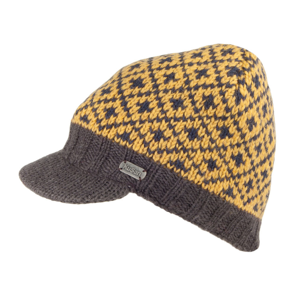 Kusan Fleur De Lis Brooklyn Beanie Mütze mit Visier - Gelb-Anthrazit
