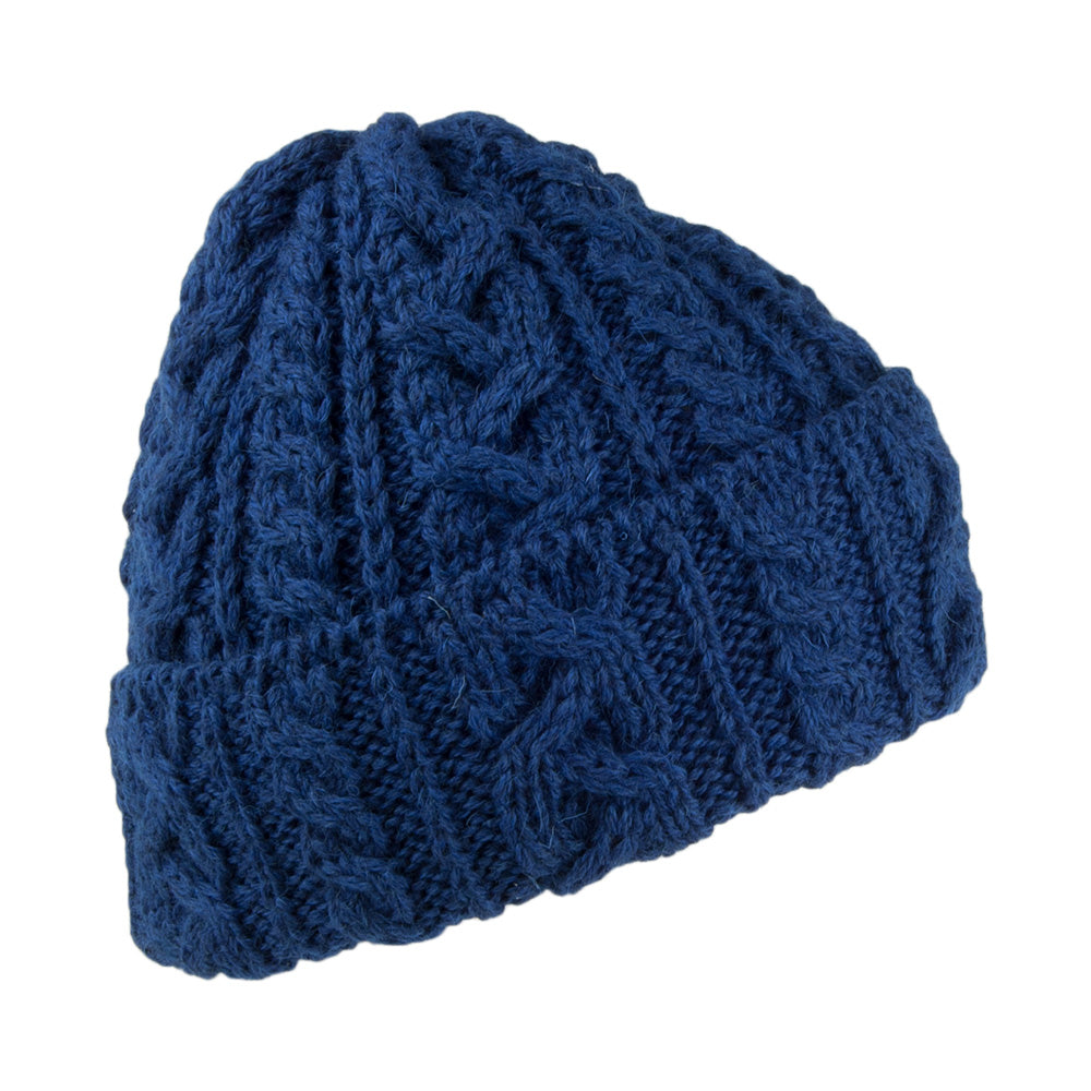 Highland 2000 Cuffed Beanie Mütze mit Zopfstrickmuster aus Englischer Wolle - Blau