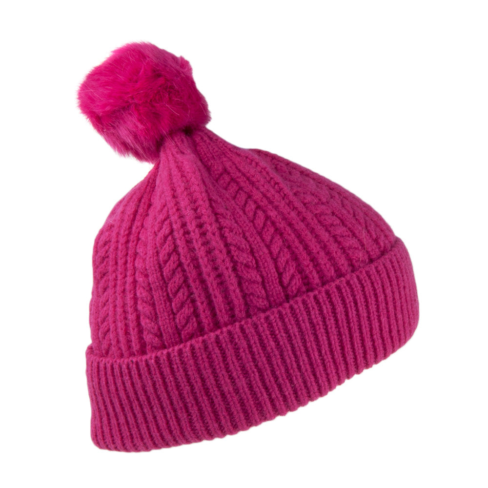 Joules Kunstfell Bommelmütze mit feinem Zopfstrickmuster - Pink