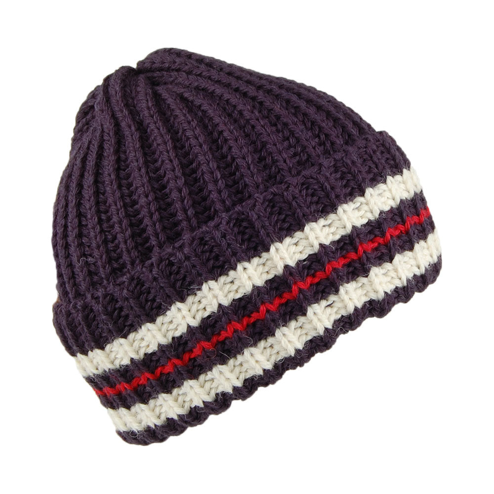 Highland 2000 Gestreifte Beanie Mütze aus Aus englischer Wolle - Marineblau-Rot