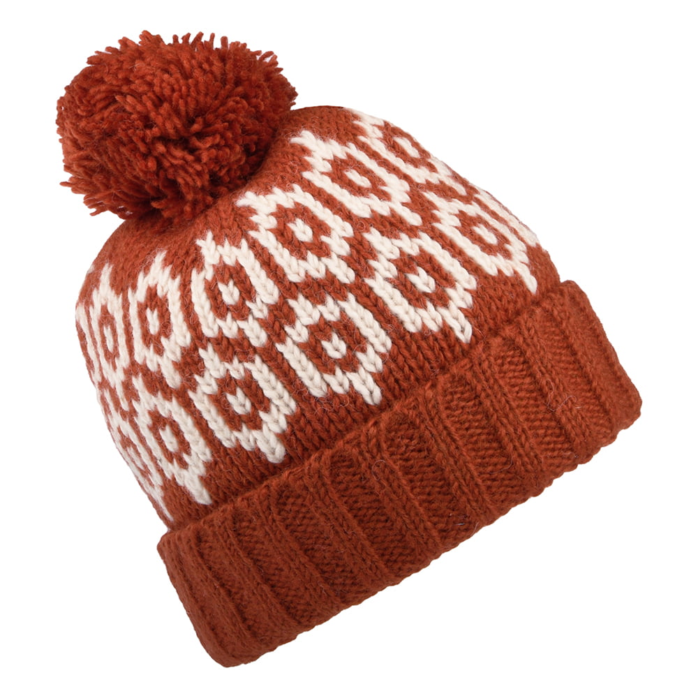 Kusan Turn Up Bommelmütze Gemustert - Rostrot