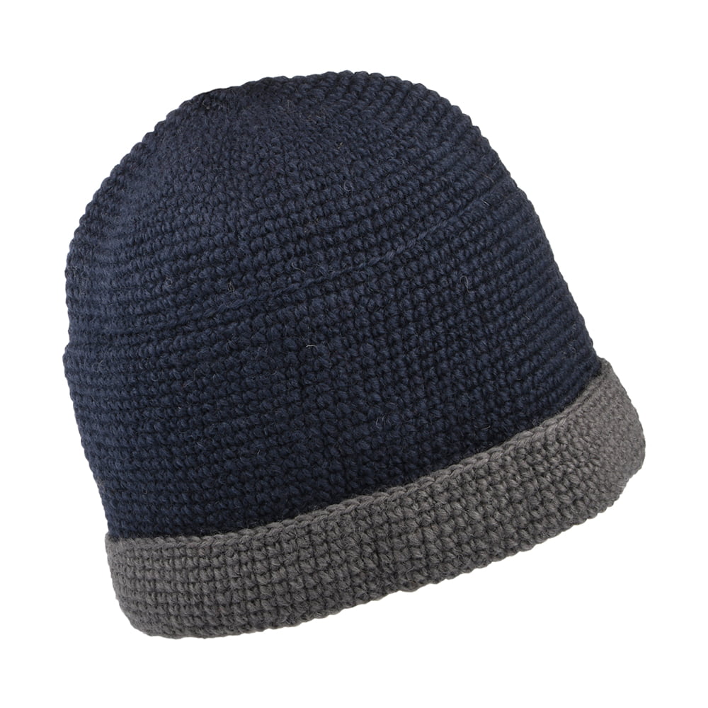 Kusan Turn Up Gehäkelte Beanie Mütze - Marineblau-Grau