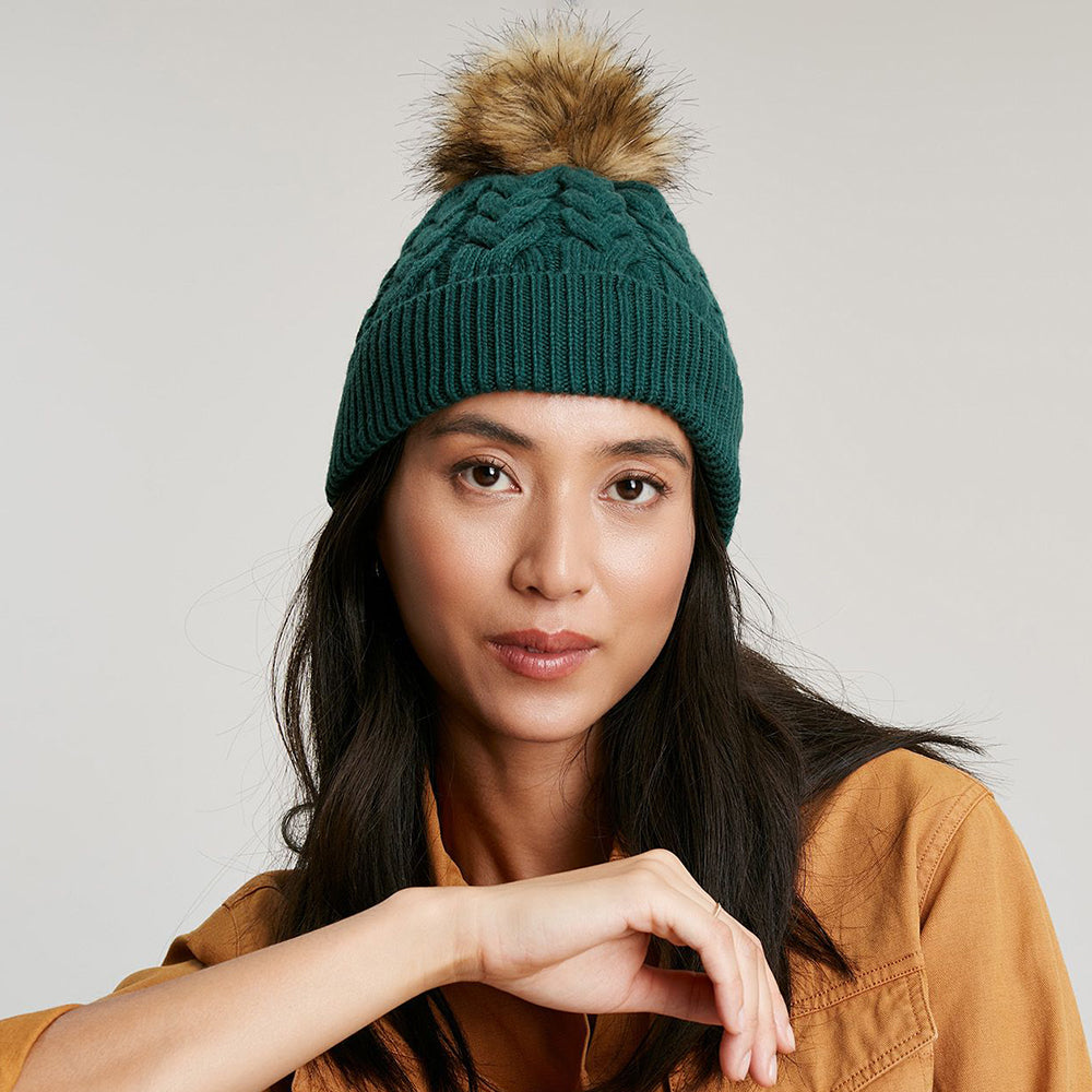 Joules Elena Cable Knit und Kunstfell Bommel Bommelmütze - Petrol