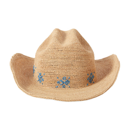 Brixton Odessa Gehäkelter Cowboy Hut aus Raffia Stroh - Hellbraun-Blau