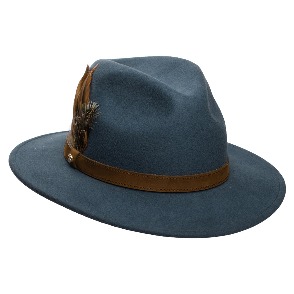Failsworth Wasserabweisender Fedora Hut aus Wollfilz Mit Federn - Schieferblau