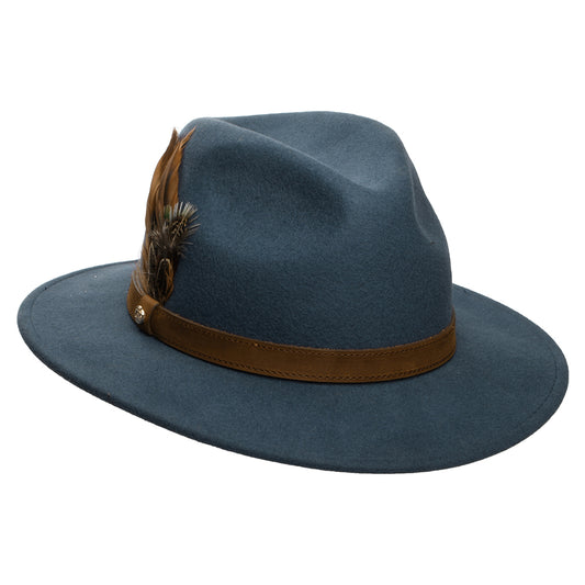 Failsworth Wasserabweisender Fedora Hut aus Wollfilz Mit Federn - Schieferblau