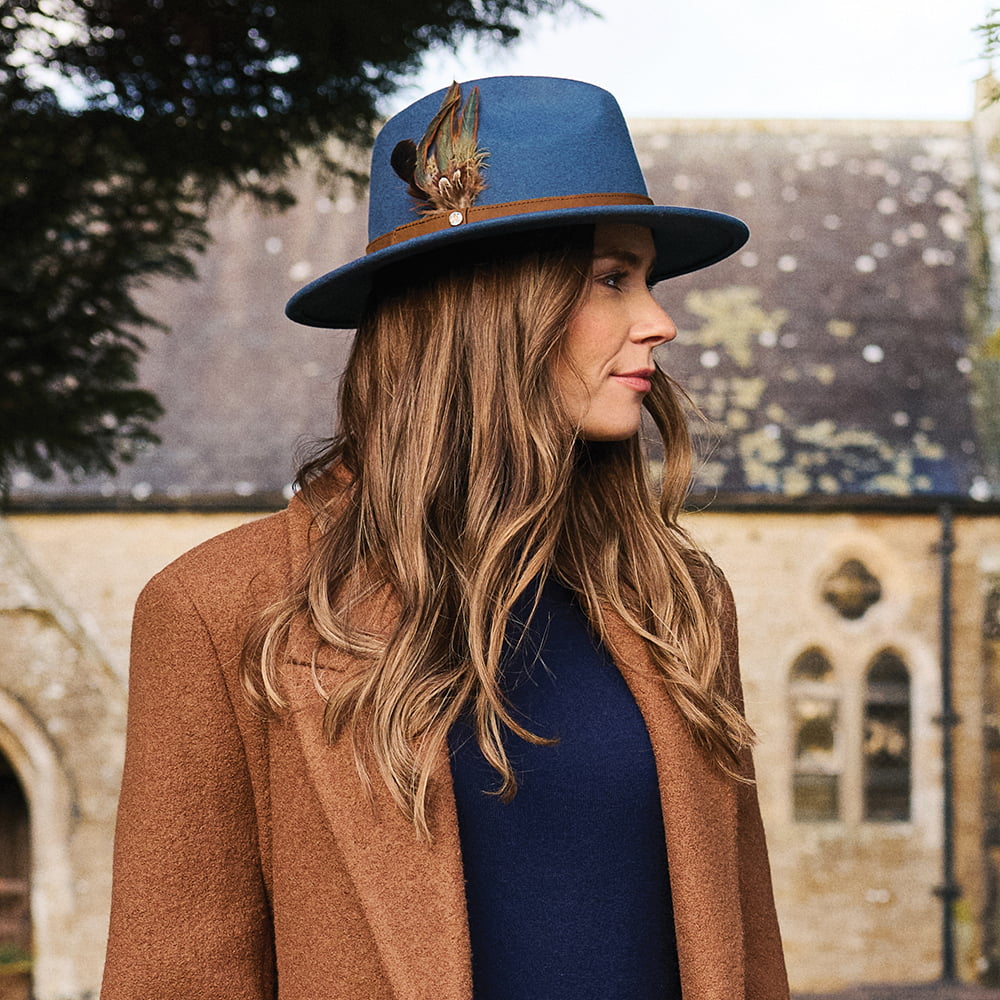 Failsworth Wasserabweisender Fedora Hut aus Wollfilz Mit Federn - Schieferblau