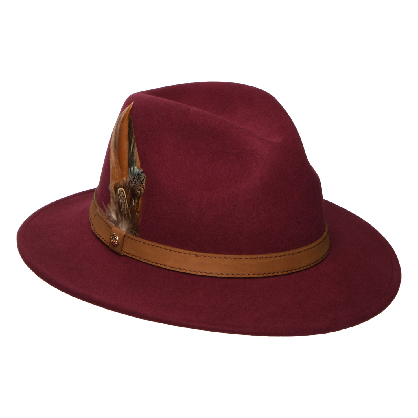 Failsworth Wasserabweisender Fedora Hut aus Wollfilz Mit Federn - Burgunderrot