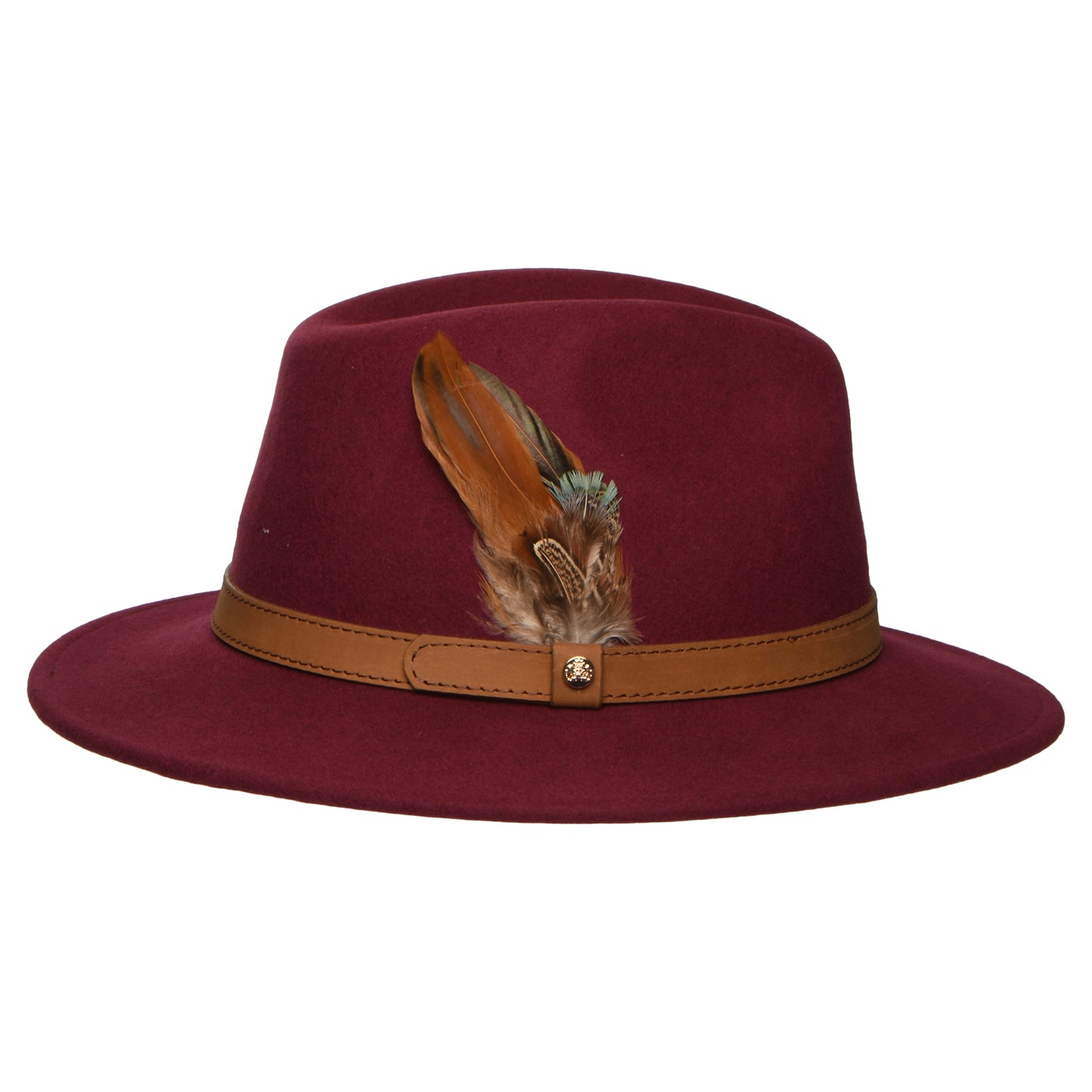 Failsworth Wasserabweisender Fedora Hut aus Wollfilz Mit Federn - Burgunderrot