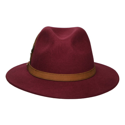 Failsworth Wasserabweisender Fedora Hut aus Wollfilz Mit Federn - Burgunderrot