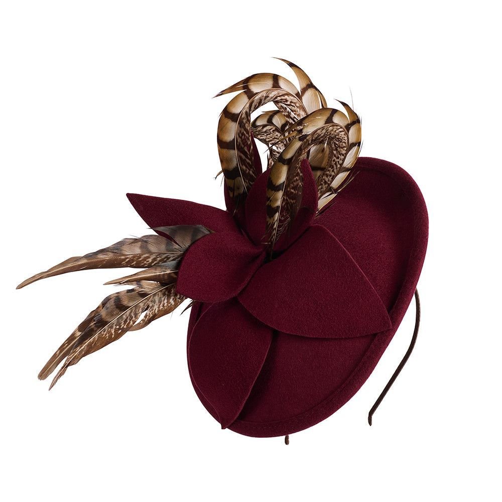 Failsworth Scheiben Fascinator aus Wollfilz Mit Federn - Weinrot