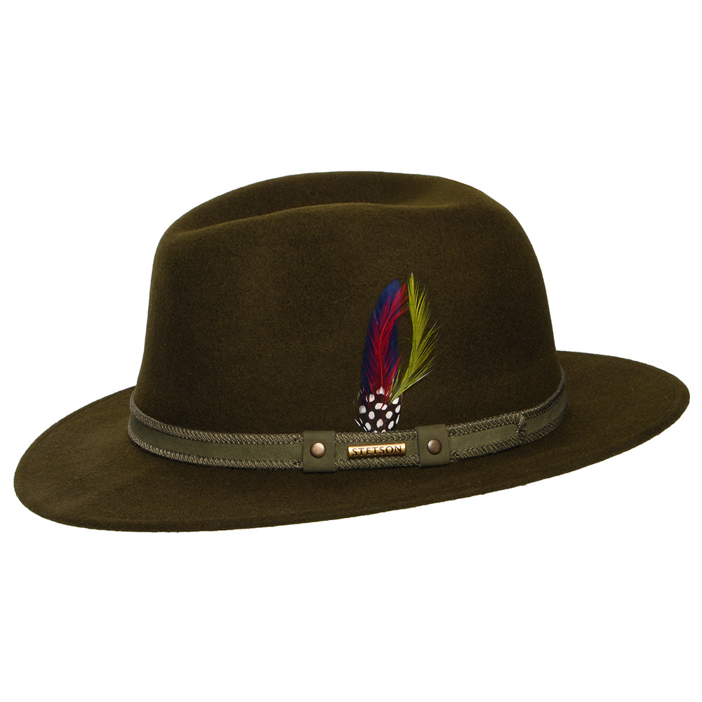 Stetson Tenvelco Traveller Wasserabweisender Safari Fedora Hut aus Wollfilz - Dunkles Waldgrün