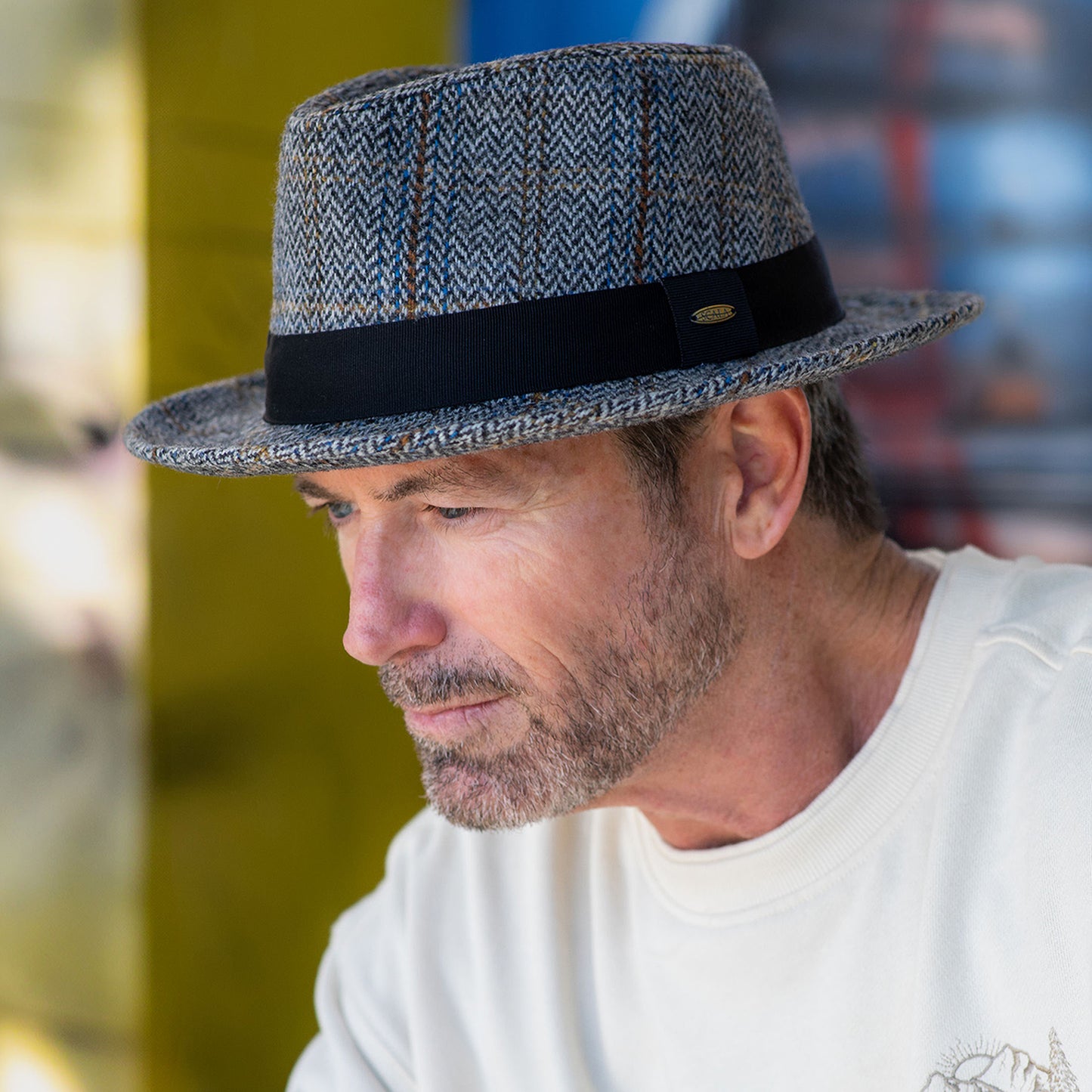 Scala Barry Fedora Hut mit Fischgrätmuster aus Wollmischung - Grau