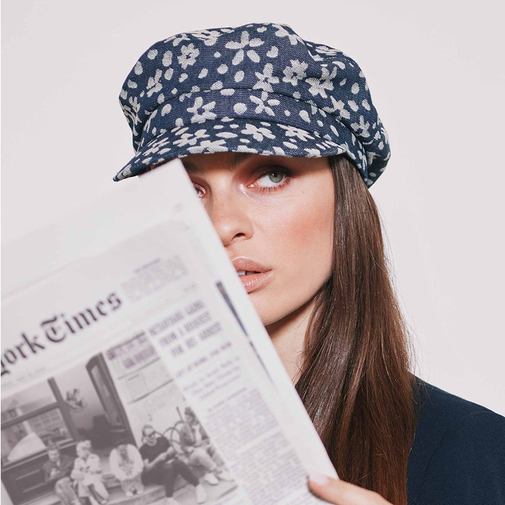 Seeberger Denim Bakerboy Ballonmütze Floral - Indigo