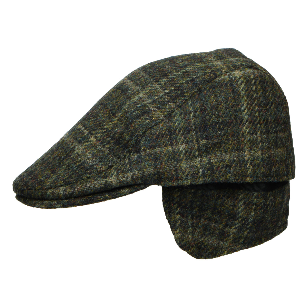 Failsworth Oban HARRIS TWEED Schiebermütze mit Fensterscheibenmuster mit Ohrenklappen - Dunkles Moos