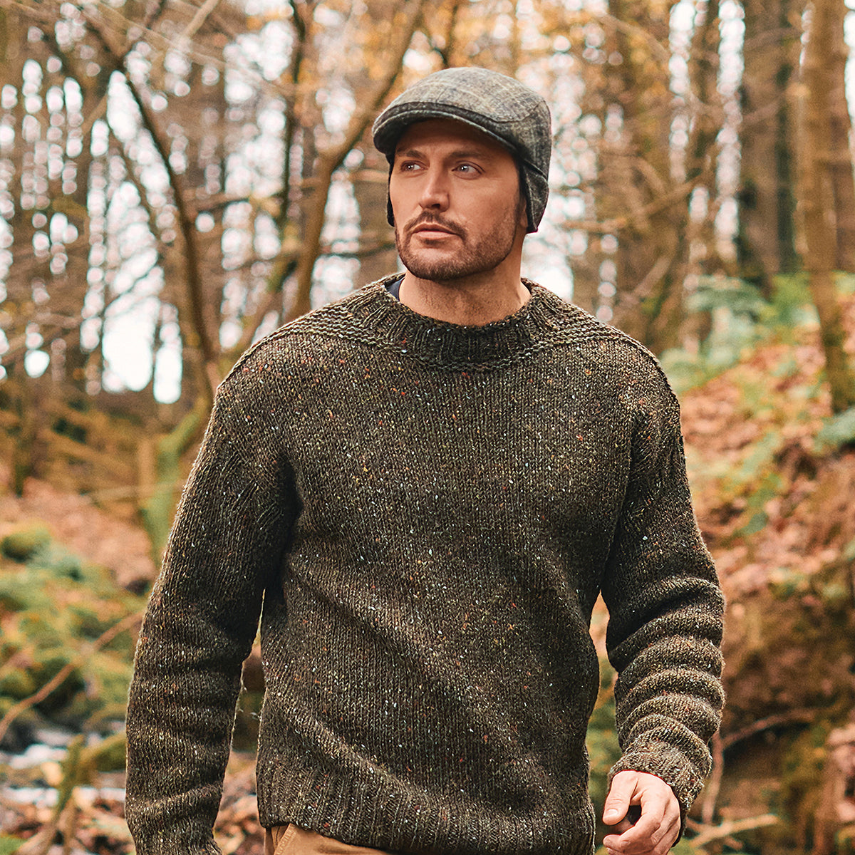 Failsworth Oban HARRIS TWEED Schiebermütze mit Fensterscheibenmuster mit Ohrenklappen - Dunkles Moos