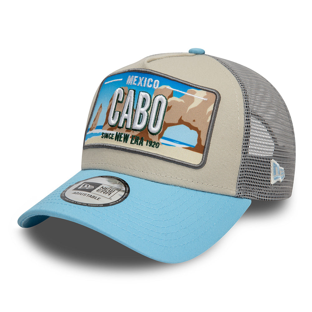 New Era A-Frame Cabo Trucker Cap - License Plate - Steingrau-Himmelblau