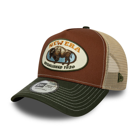 New Era A-Frame Bison Trucker Cap - Animal Patch - Braun-Olivgrün-Sand