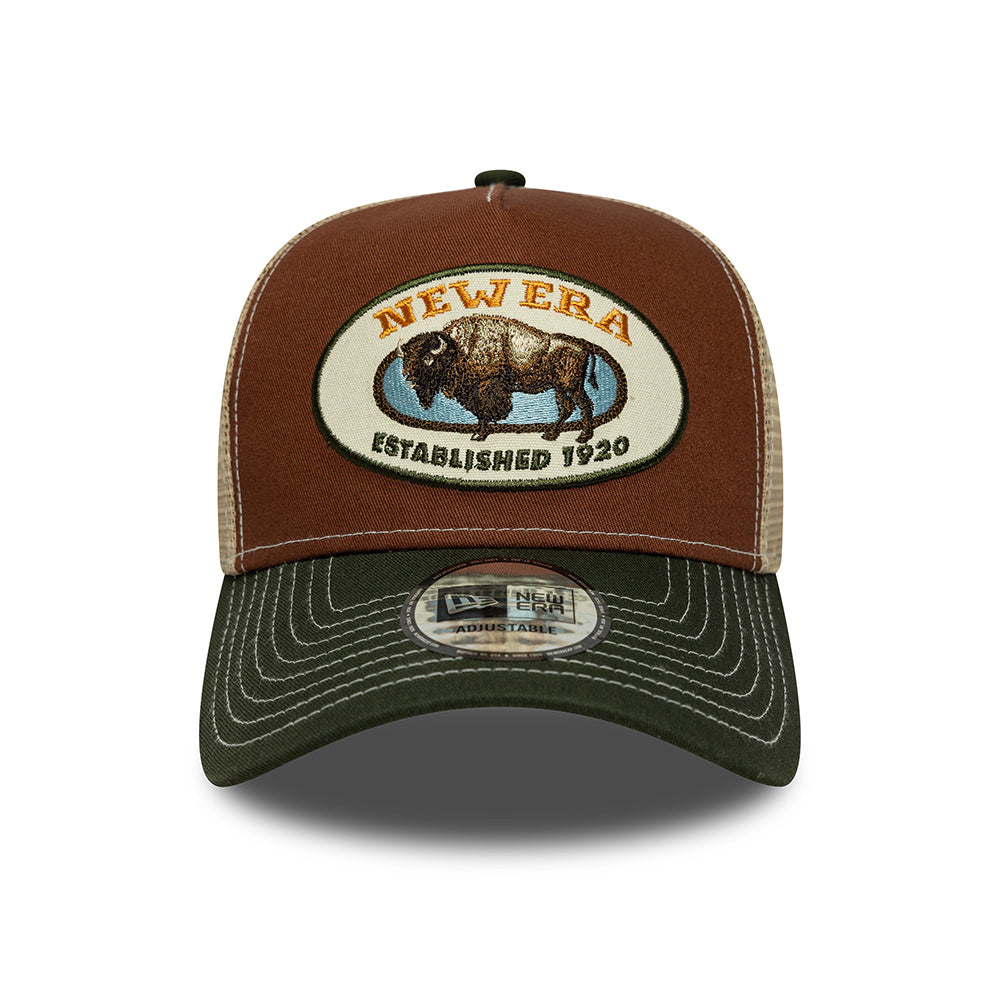 New Era A-Frame Bison Trucker Cap - Animal Patch - Braun-Olivgrün-Sand
