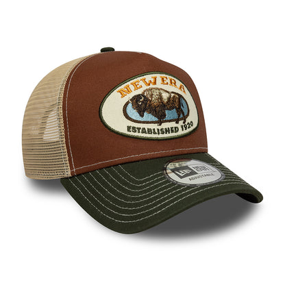 New Era A-Frame Bison Trucker Cap - Animal Patch - Braun-Olivgrün-Sand