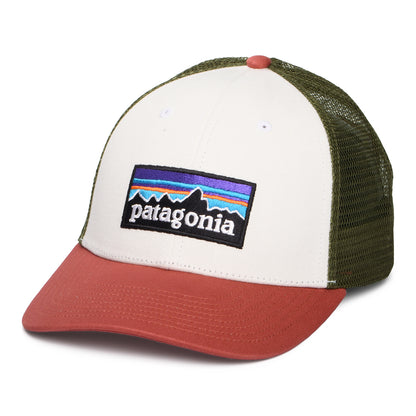 Patagonia P-6 Logo LoPro Trucker Cap aus organischer Baumwolle - Weiß-Ton-Olivgrün