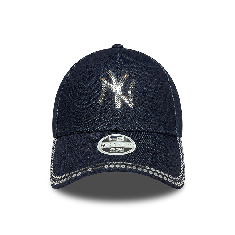 New Era Damen 9FORTY New York Yankees Baseball Cap - MLB Sequin Denim - Dunkelblau