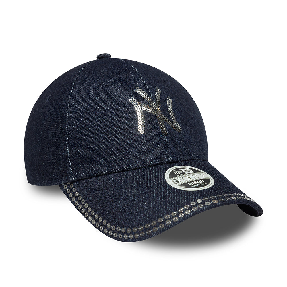 New Era Damen 9FORTY New York Yankees Baseball Cap - MLB Sequin Denim - Dunkelblau