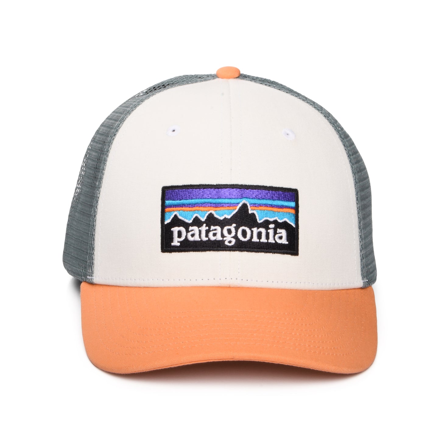 Patagonia P-6 Logo LoPro Trucker Cap aus organischer Baumwolle - Weiß-Pfirsich-Schieferblau