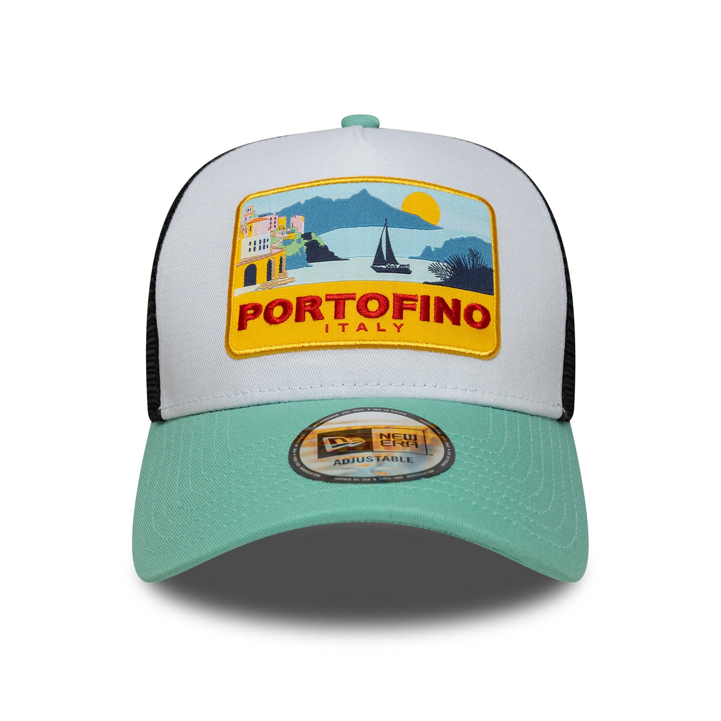 New Era A-Frame Portofino Trucker Cap - Location Patch - Aquamarinblau-Schwarz