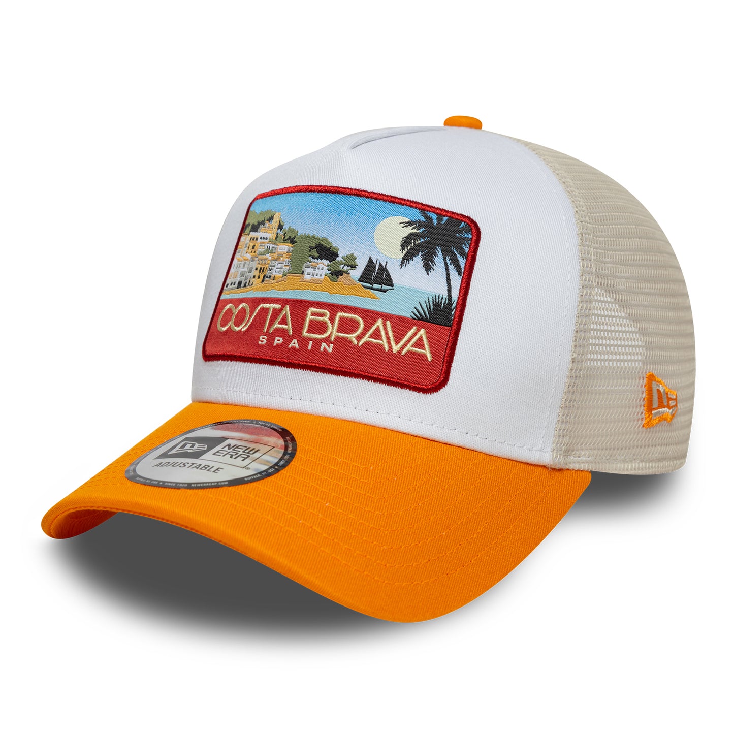 New Era A-Frame Costa Brava Trucker Cap - Location Patch - Orange-Steingrau