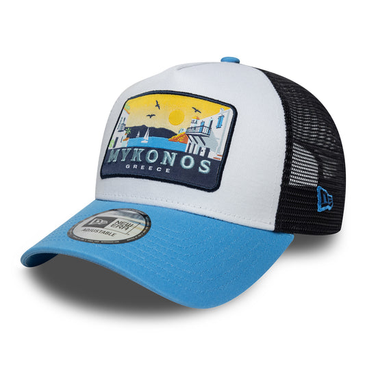 New Era A-Frame Mykonos Trucker Cap - Location Patch - Himmelblau-Marineblau