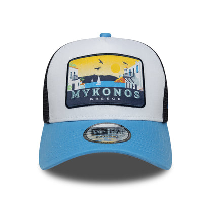 New Era A-Frame Mykonos Trucker Cap - Location Patch - Himmelblau-Marineblau
