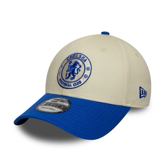 New Era 9FORTY Chelsea FC Baseball Cap - Seasonal Contrast Lion Crest - Cremeweiß-Königsblau