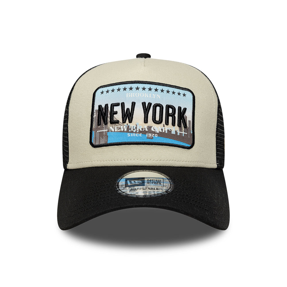 New Era 9FORTY A-Frame New York Trucker Cap - License Plate - Steingrau-Schwarz