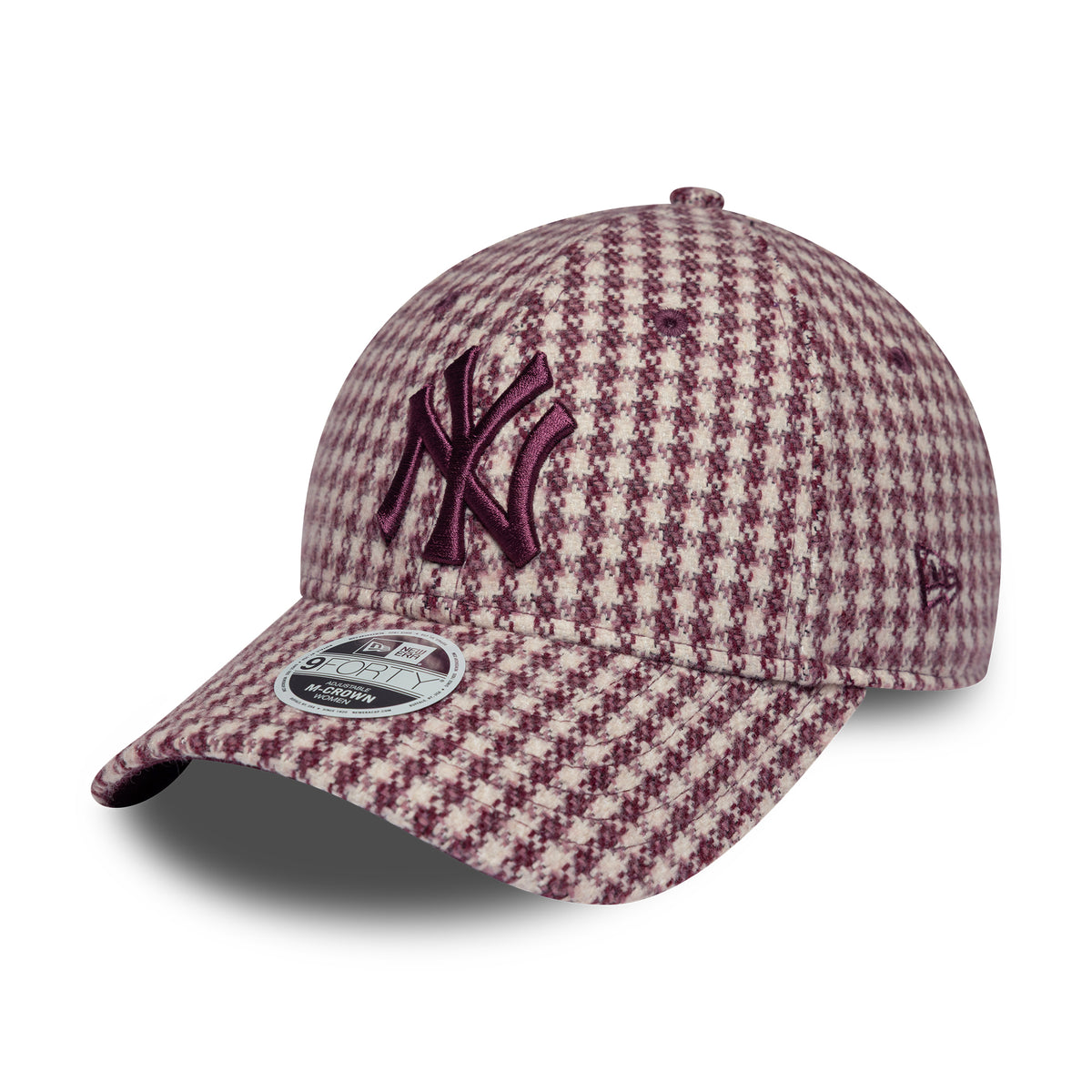 New Era Damen 9FORTY M-Crown New York Yankees Baseball Cap - MLB Houndstooth - Cremefarben-Burgunderrot