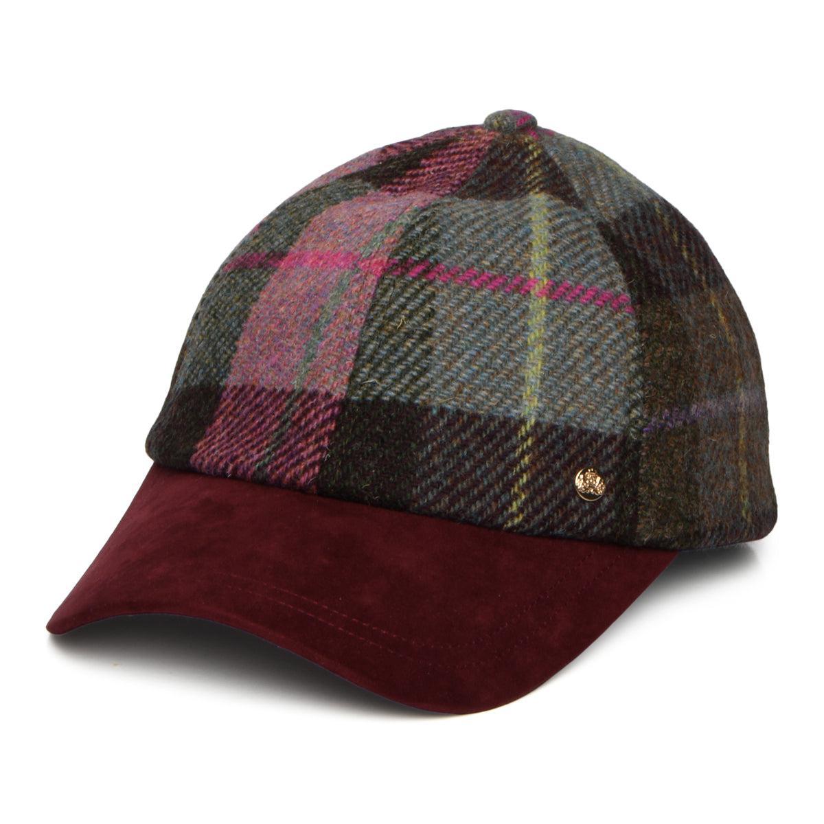 Failsworth Damen HARRIS TWEED Baseball Cap - Burgunderrot-Moosgrün